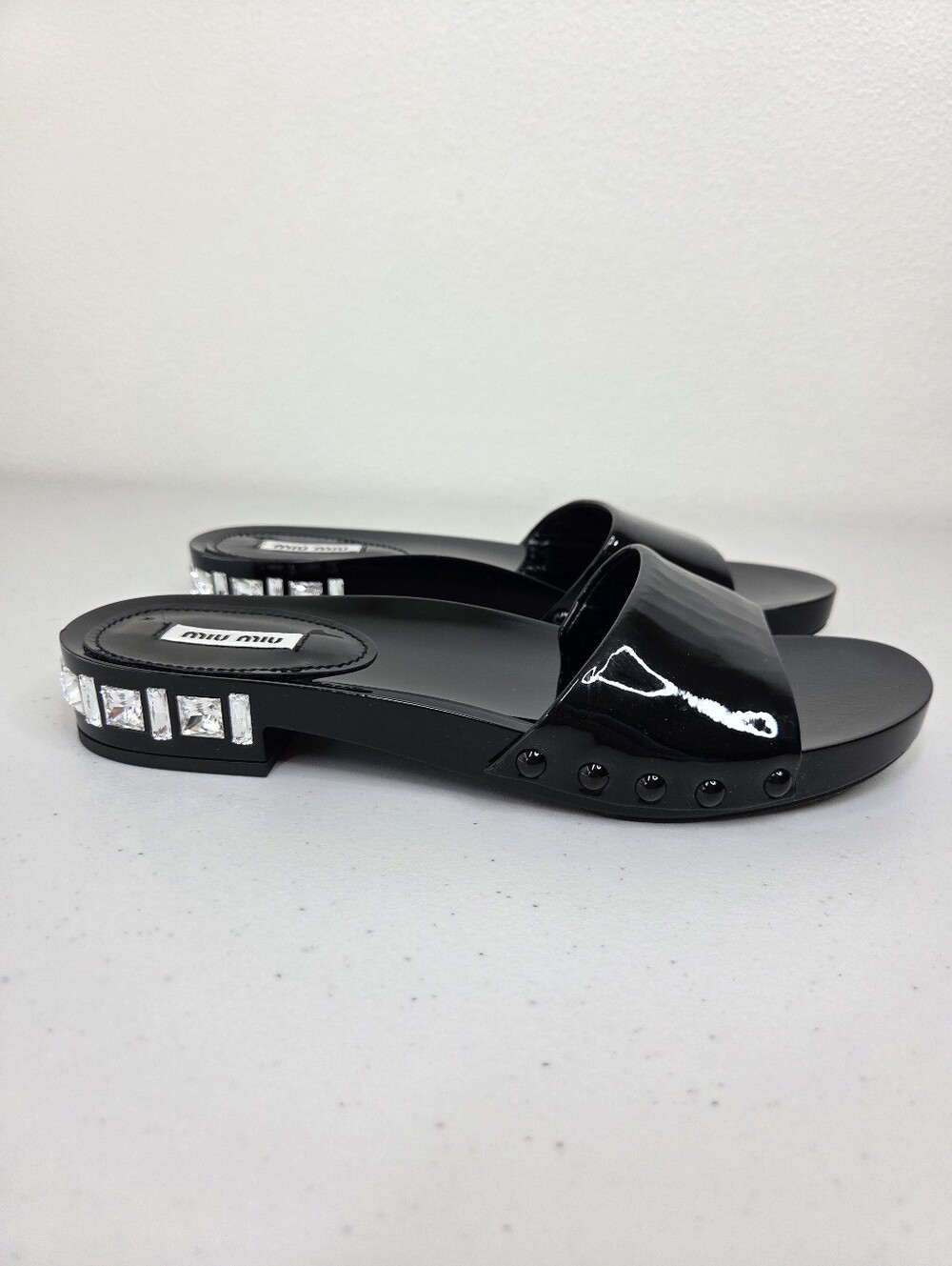 Miu Miu Black Patent Leather Slide Sandals with Crystal Accent Heels